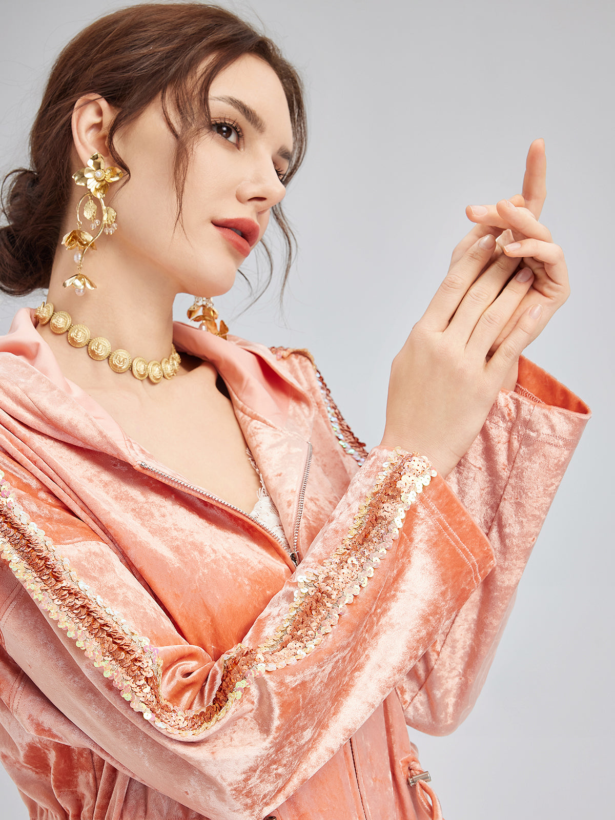 Velvet Trimmed Sequined Jacket-VibeCloset