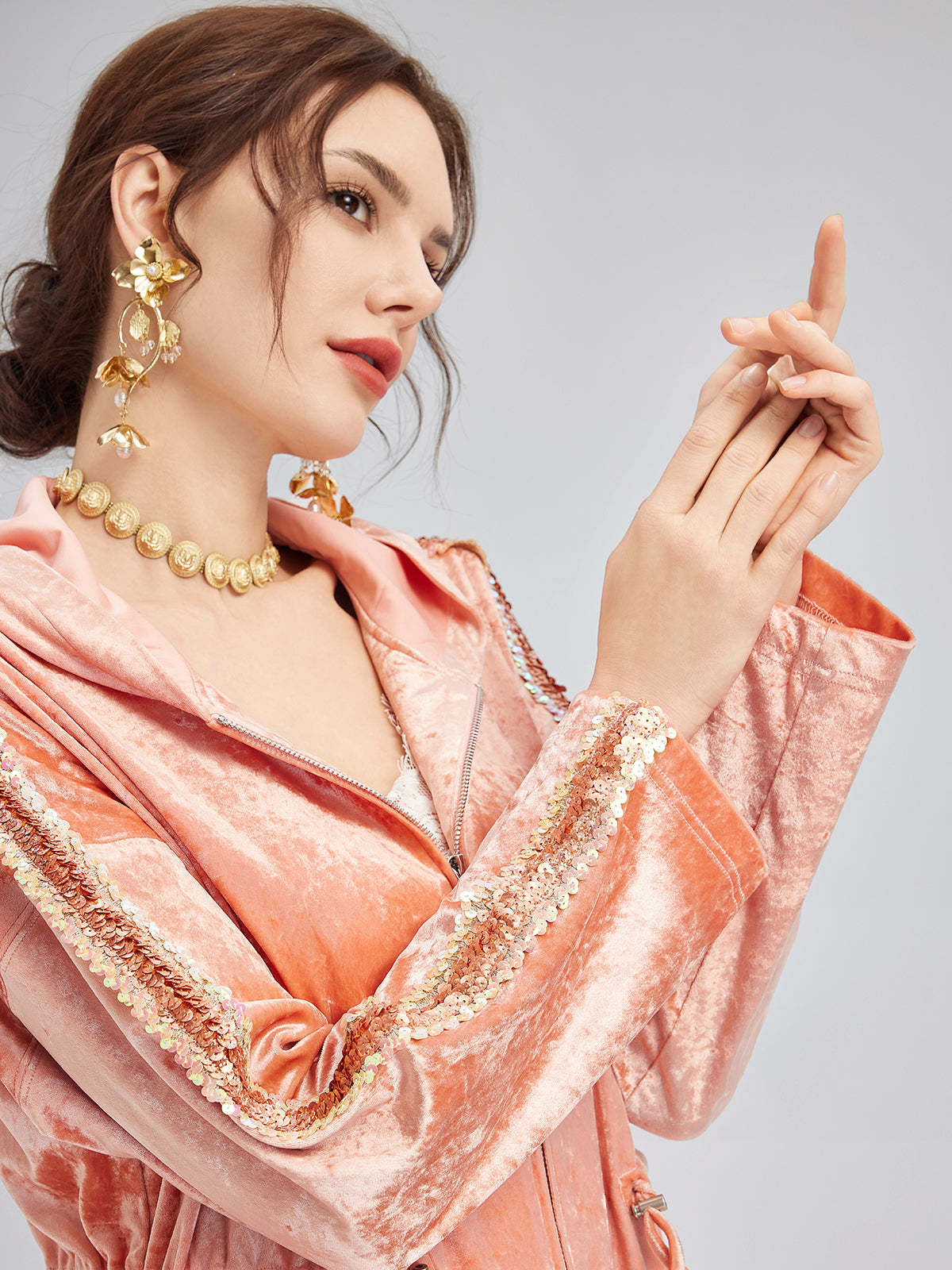 Velvet Trimmed Sequined Jacket-VibeCloset