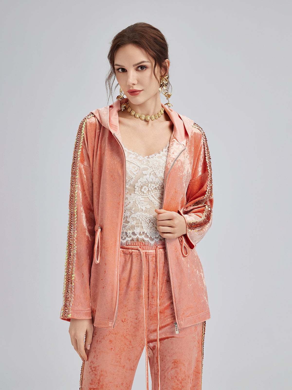 Velvet Trimmed Sequined Jacket-VibeCloset