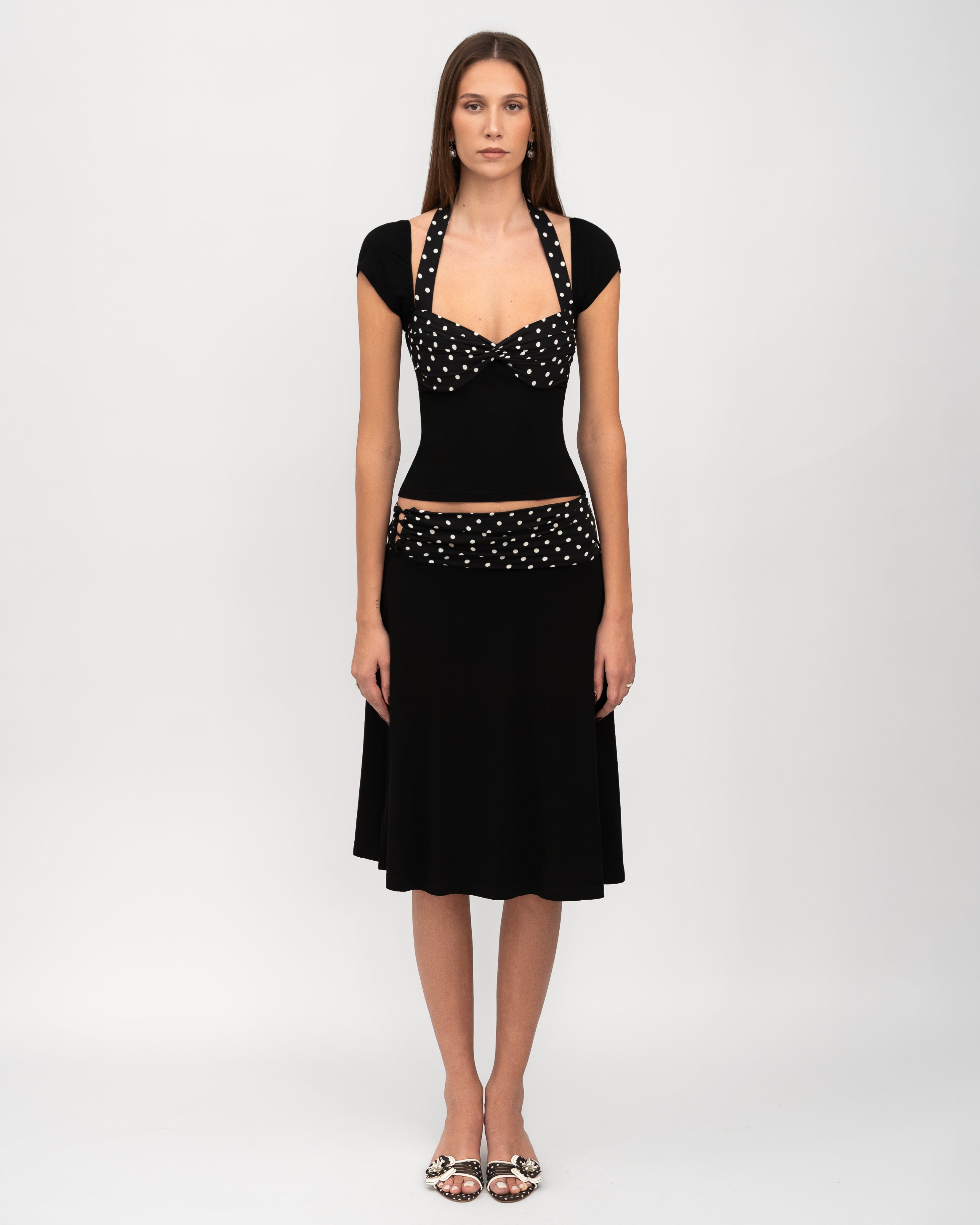Halter Neck Polka Dot Top + Spliced ​​Skirt Set