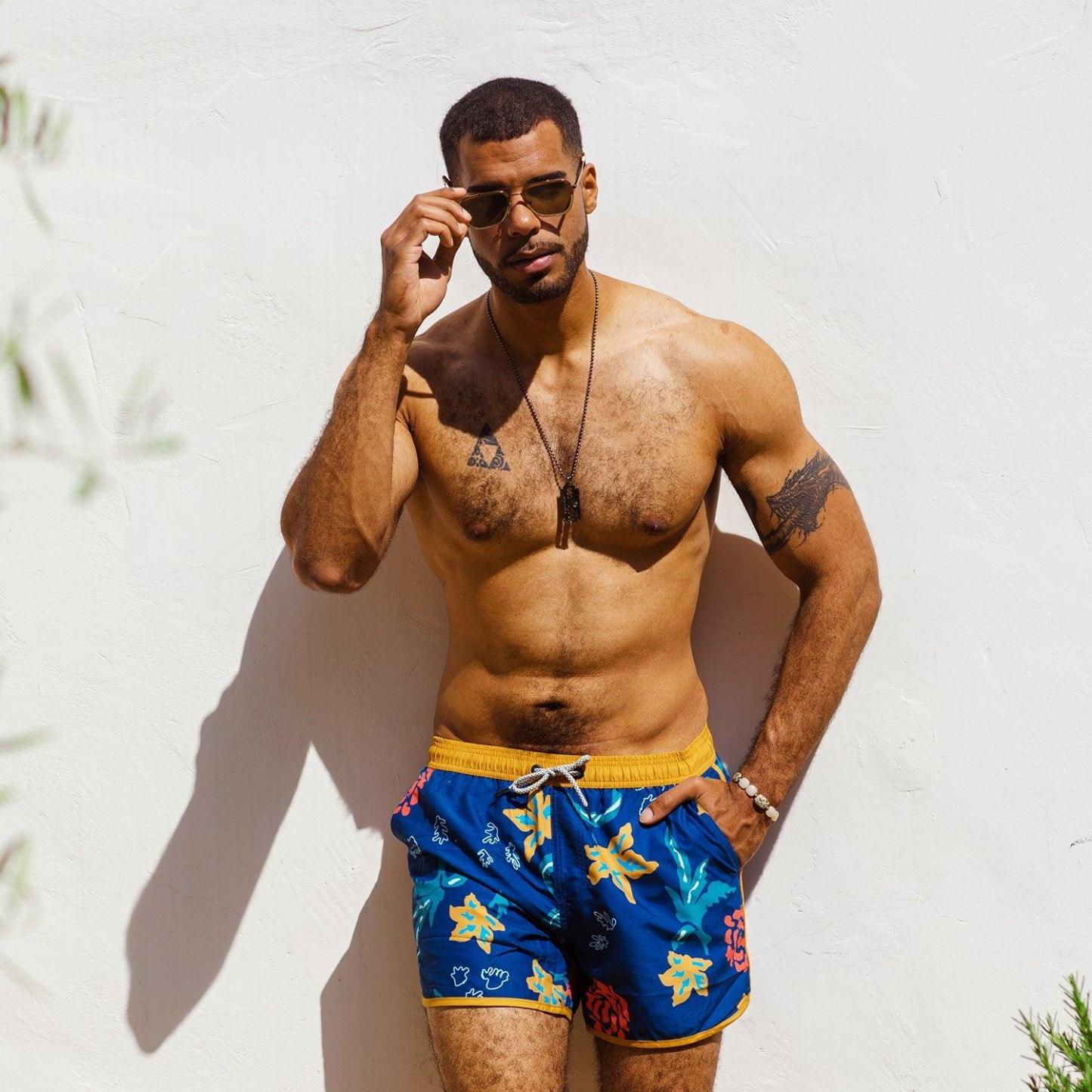 4.5 Inch Inseam Vintage Flower Print Swim Trunks-VibeCloset