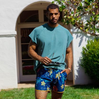 4.5 Inch Inseam Vintage Flower Print Swim Trunks-VibeCloset