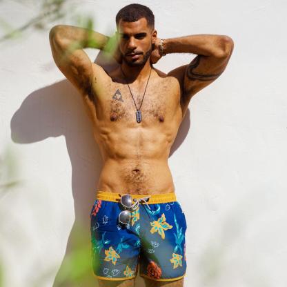 4.5 Inch Inseam Vintage Flower Print Swim Trunks-VibeCloset
