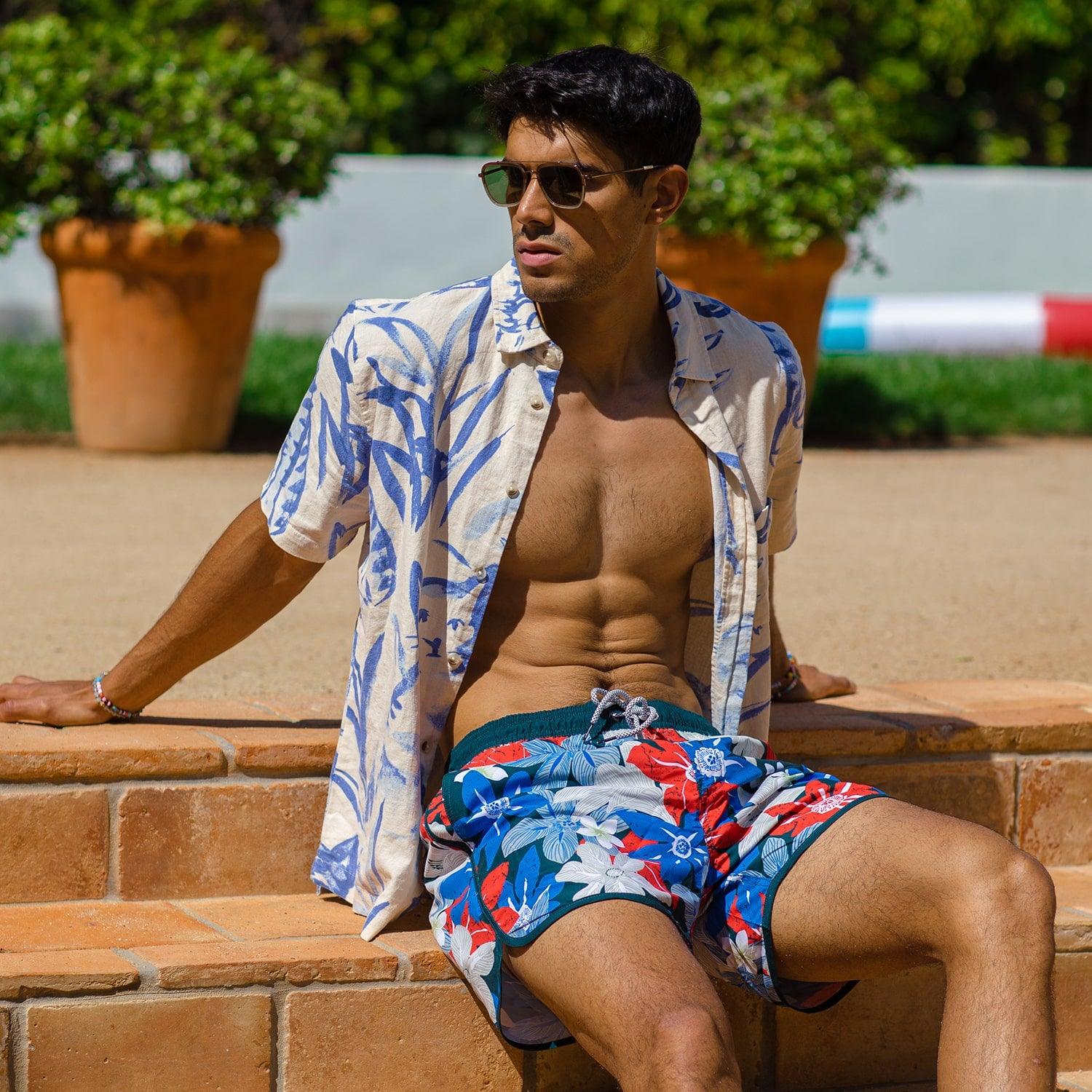 4.5 Inch Inseam Vintage Flower Swim Trunks-VibeCloset