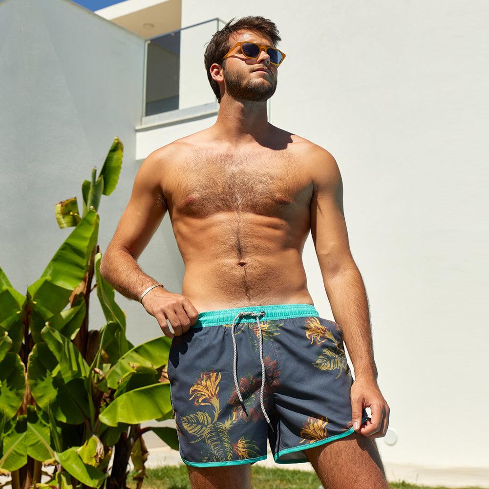 4.5 Inch Inseam Vintage Leaf Swim Trunks-VibeCloset