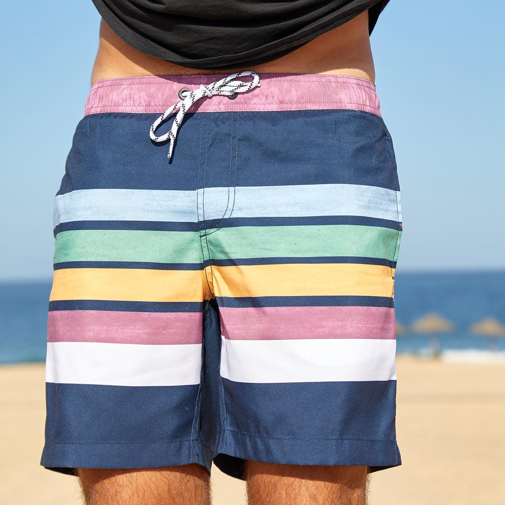 7 Inch Inseam Fresh Striped Swim Trunks-VibeCloset