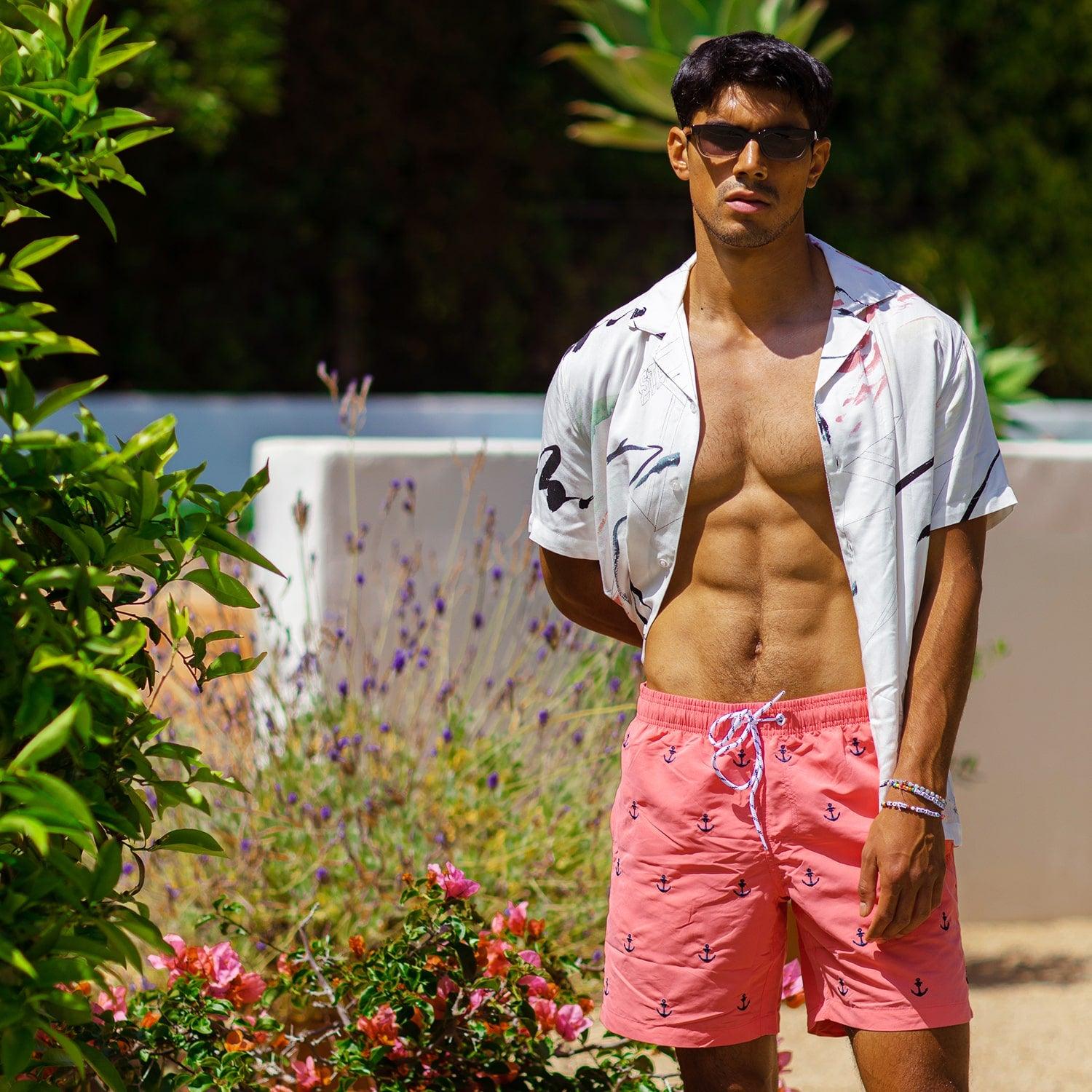7 Inch Inseam Pink Anchor Swim Trunks-VibeCloset