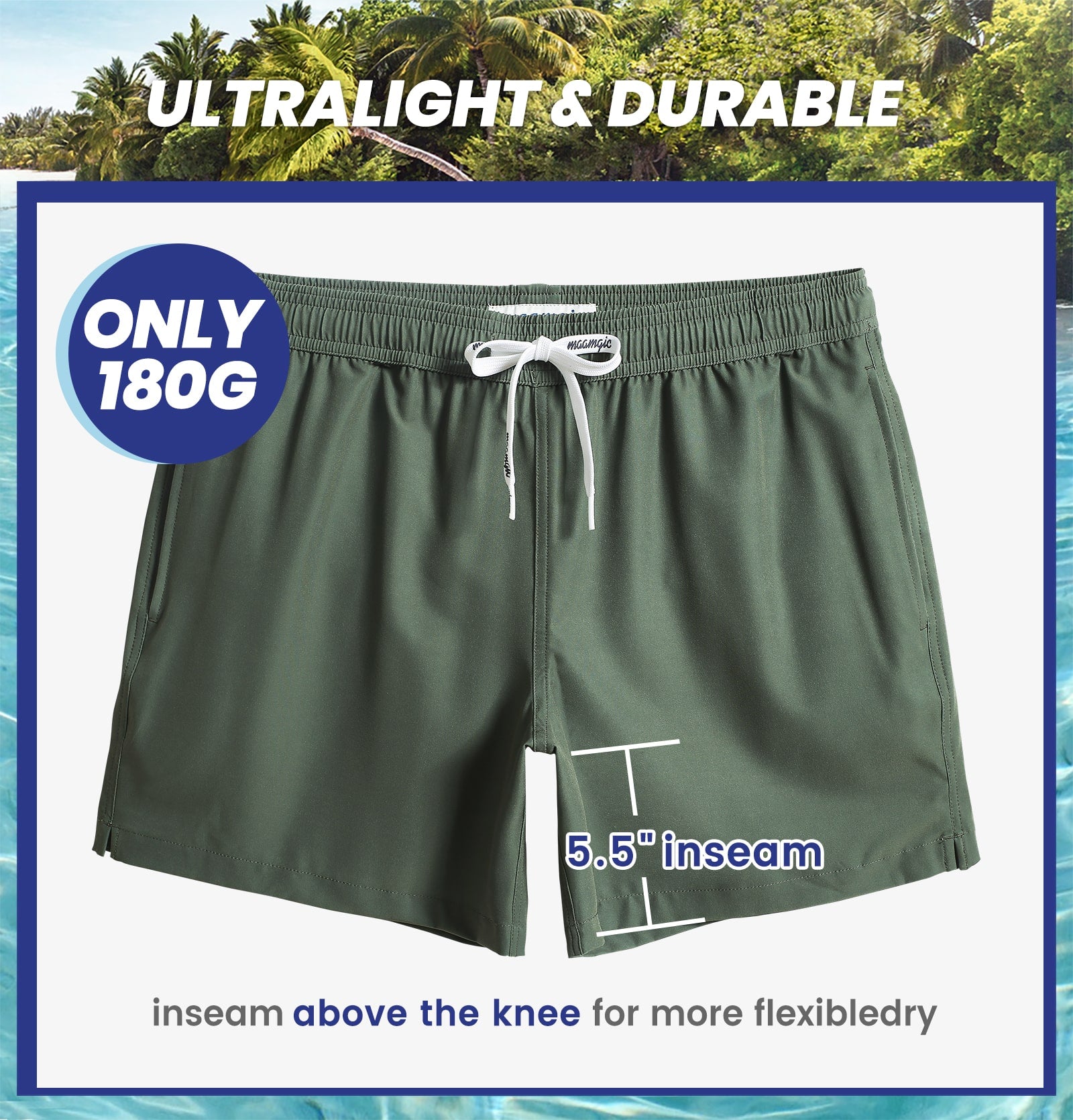 5.5 Inch Inseam Stretch Solid Green Swim Trunks-VibeCloset