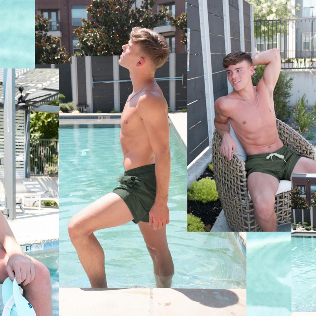 5.5 Inch Inseam Stretch Solid Green Swim Trunks-VibeCloset