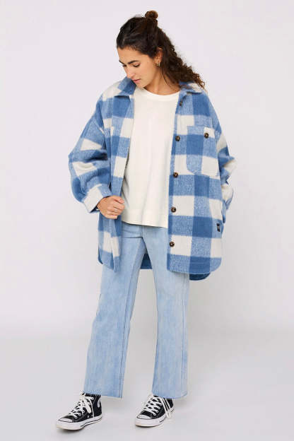 Marbella Blue Check Fleece Jacket-VibeCloset