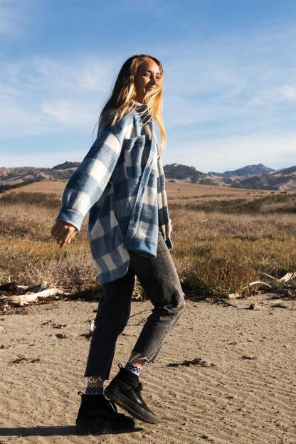 Marbella Blue Check Fleece Jacket-VibeCloset