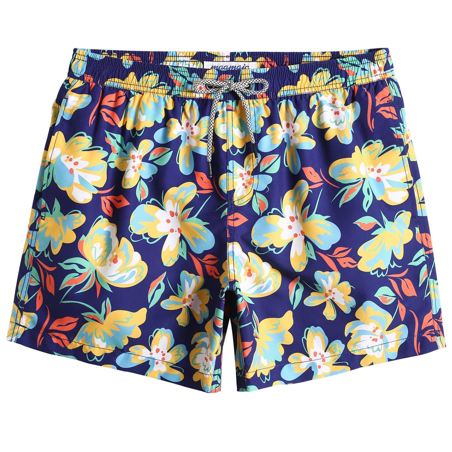 5.5 Inch Inseam Navy Butterfly Flower Swim Trunks-VibeCloset