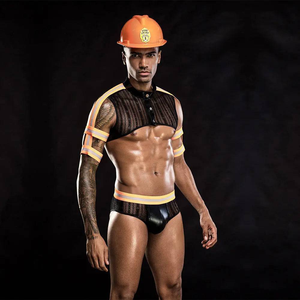 Men's Orange Firemen Mesh Lingerie Costume&Helmet-SexBodyShop