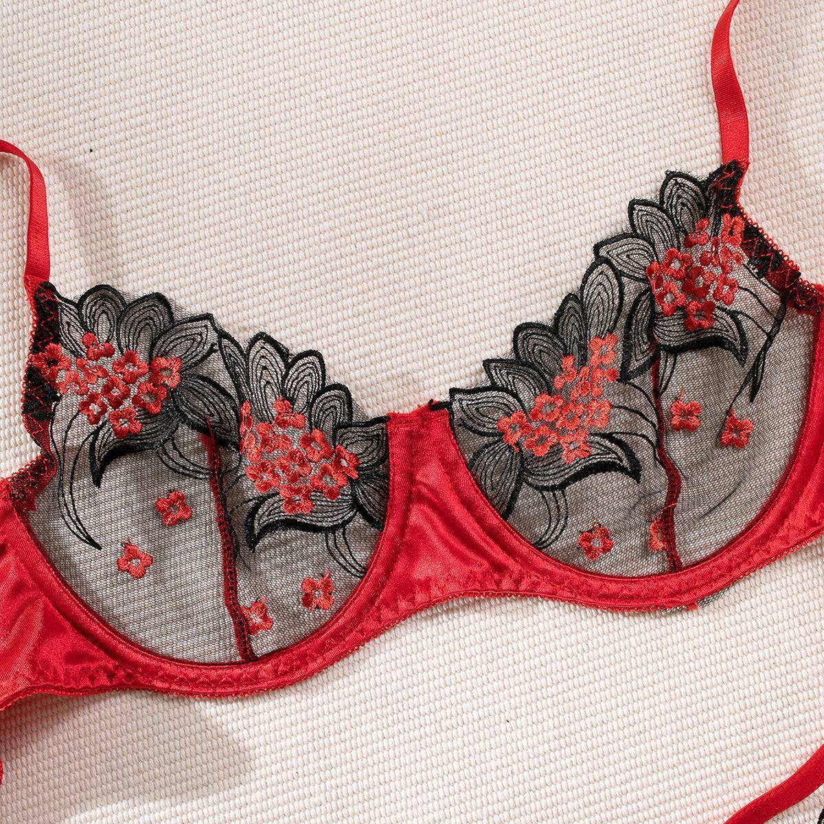 Red&Black Lace Embroidered Bra&Panty Set-SexBodyShop