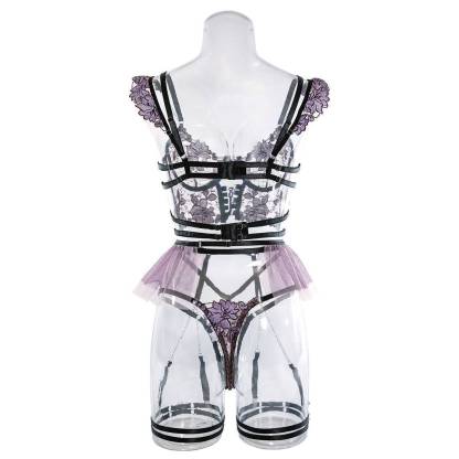 Purple&Black See Through Flower Cami&Garter skirt Set-SexBodyShop