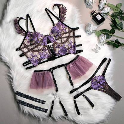 Purple&Black See Through Flower Cami&Garter skirt Set-SexBodyShop