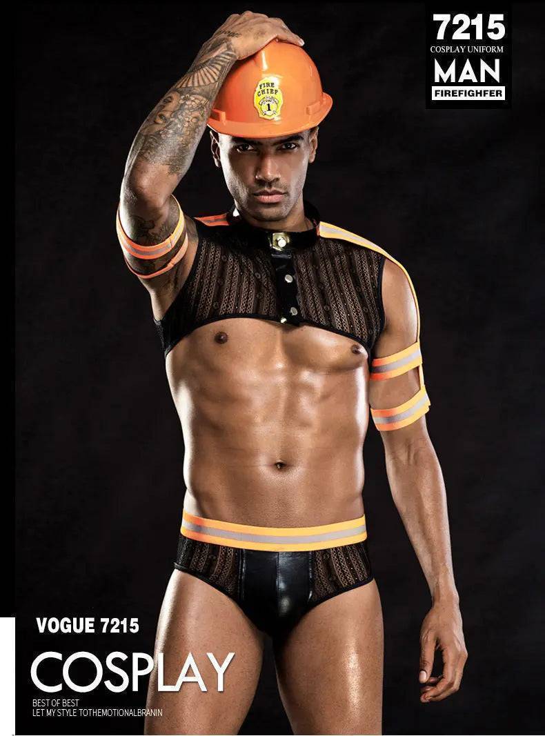 Men's Orange Firemen Mesh Lingerie Costume&Helmet-SexBodyShop