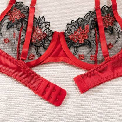 Red&Black Lace Embroidered Bra&Panty Set-SexBodyShop