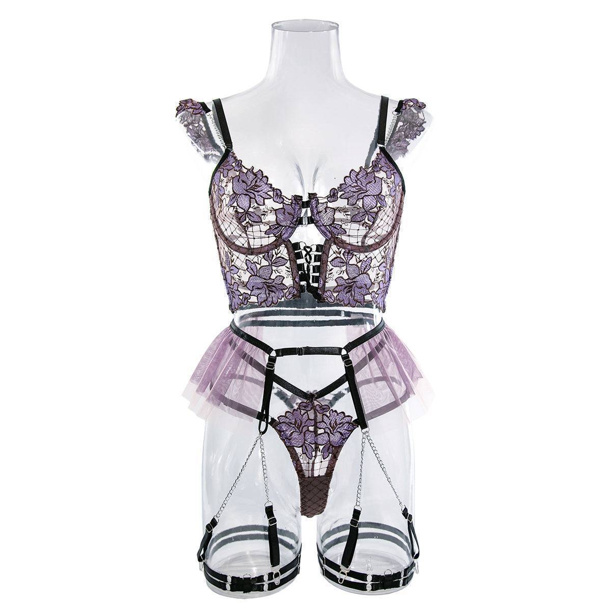Purple&Black See Through Flower Cami&Garter skirt Set-SexBodyShop