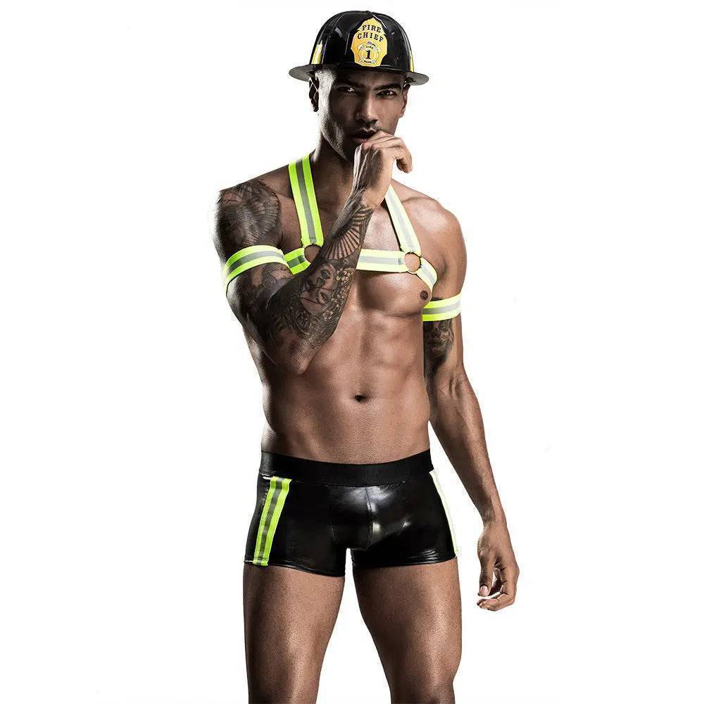 Men's Neon Green Firemen Strappy Costume&Helmet-SexBodyShop