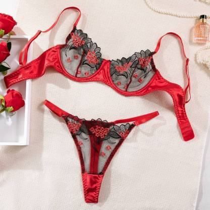 Red&Black Lace Embroidered Bra&Panty Set-SexBodyShop