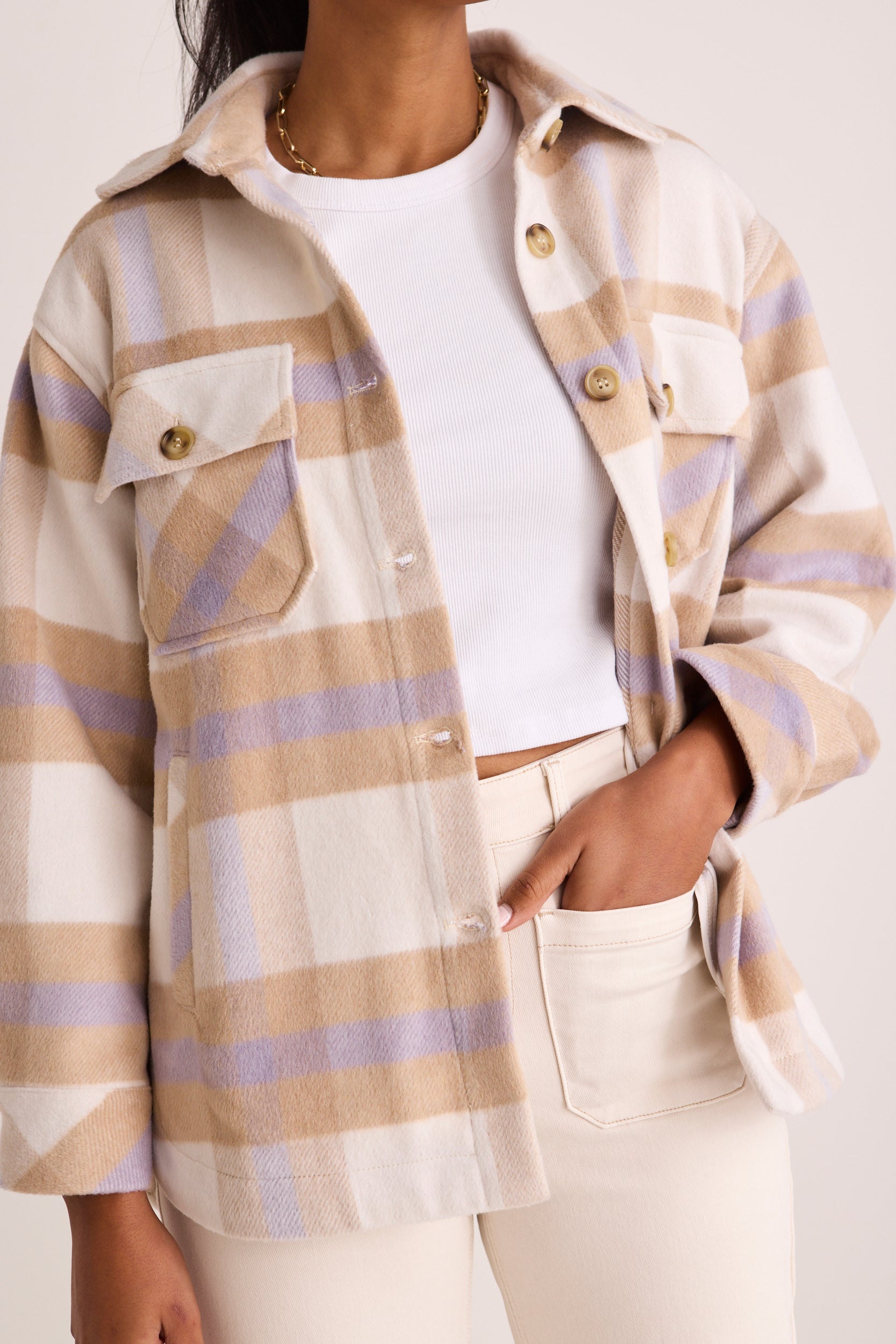 Oslo Tan Purple Check Shacket-VibeCloset