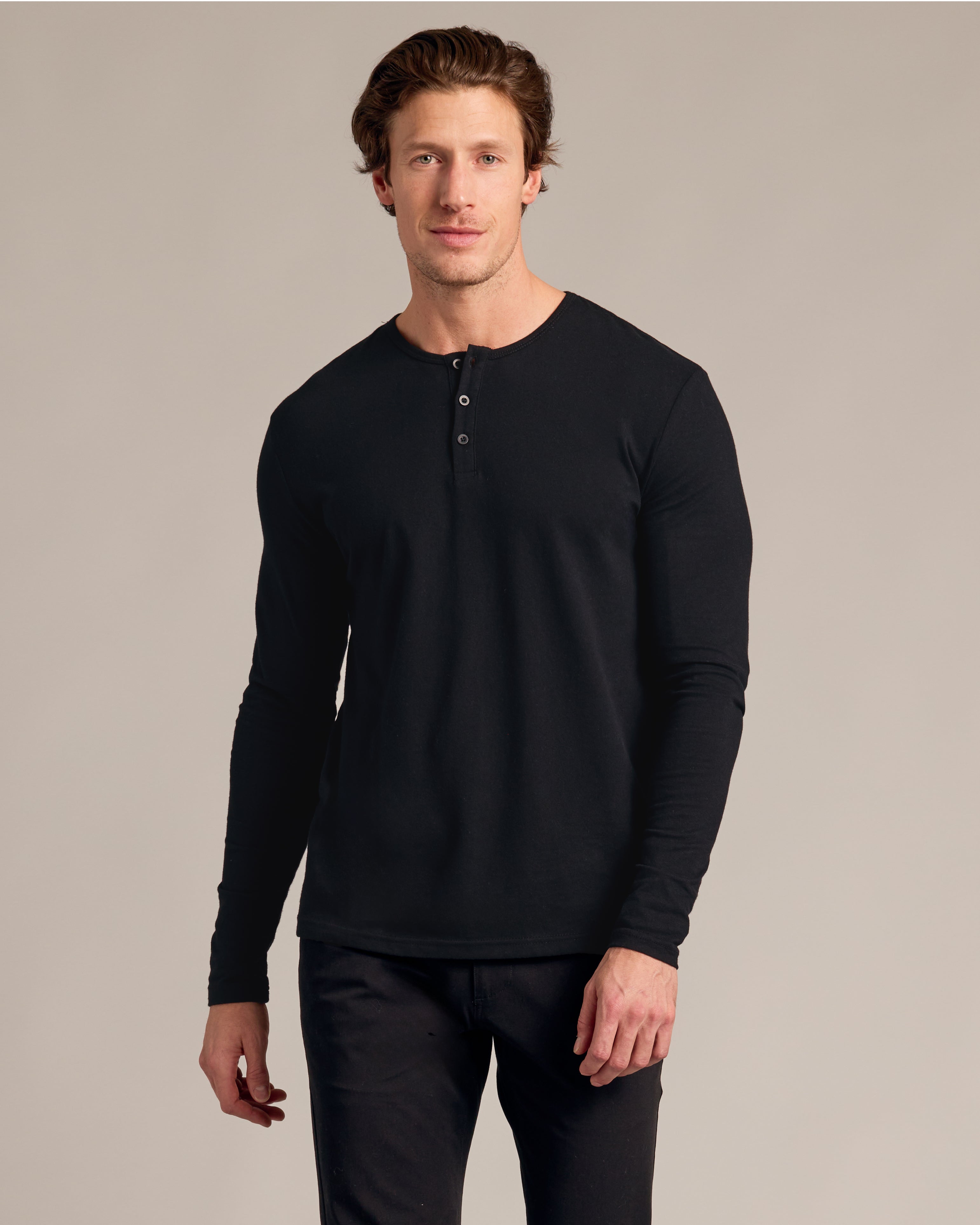 Black Long Sleeve Henley-VibeCloset
