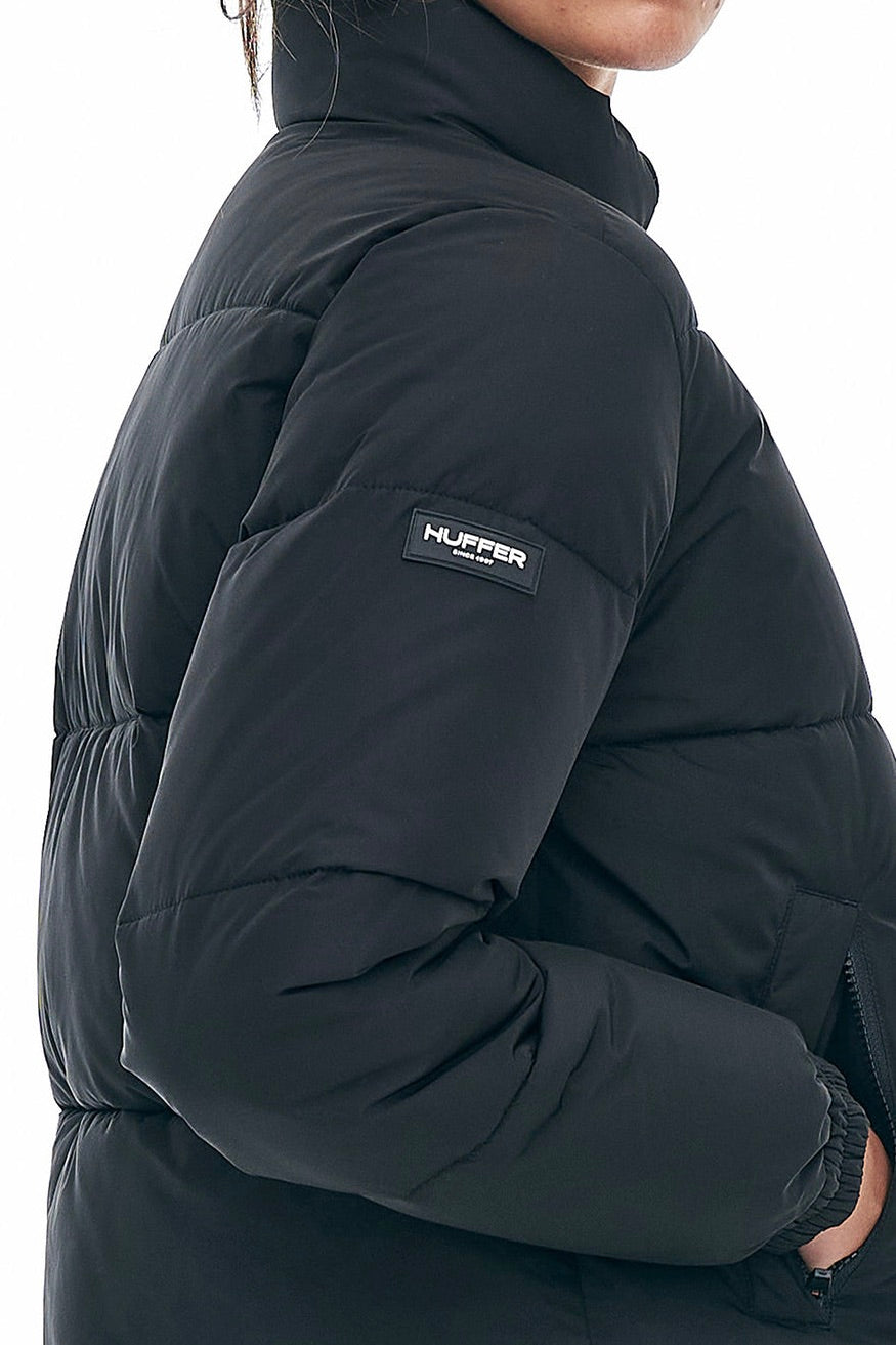 Womens Black Track Puffer Jacket-VibeCloset