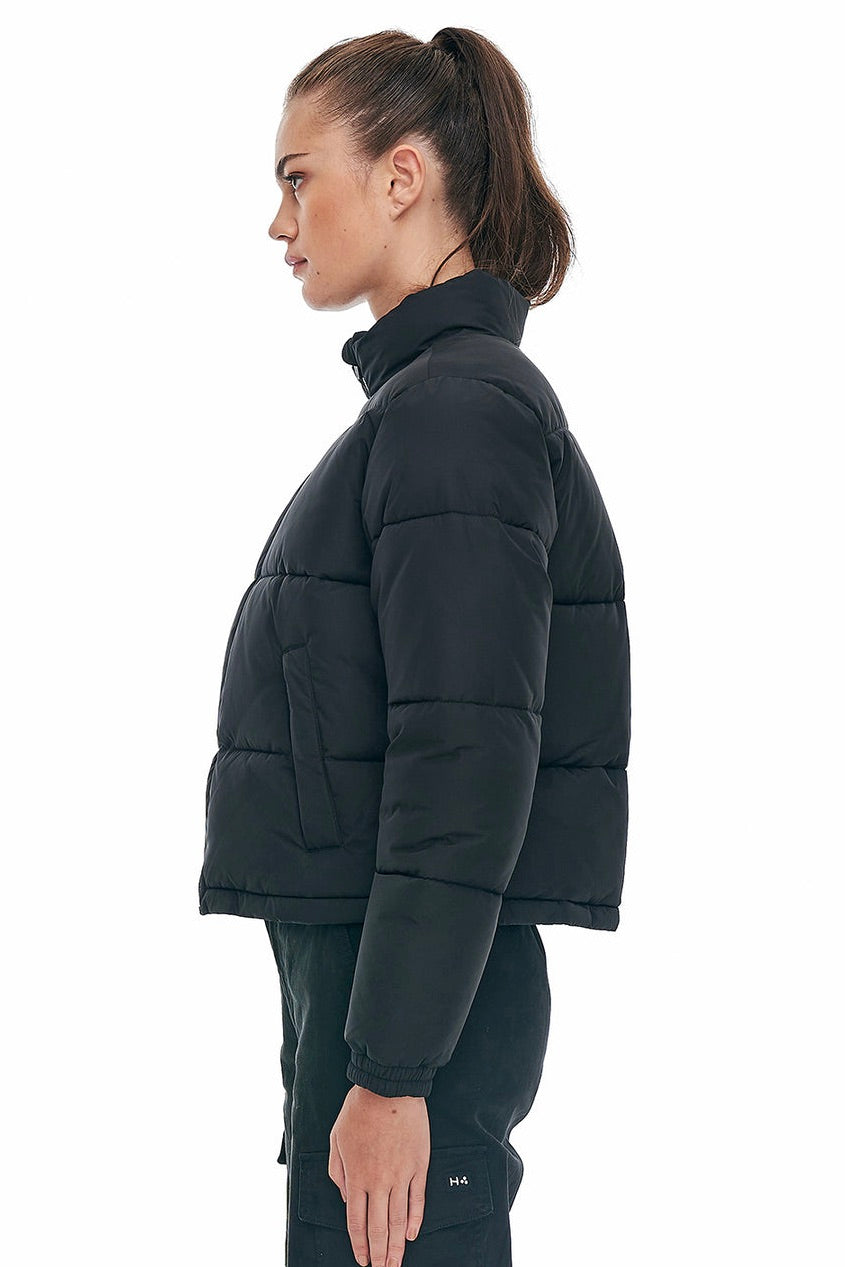 Womens Black Track Puffer Jacket-VibeCloset