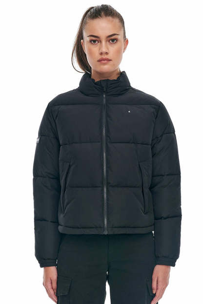 Womens Black Track Puffer Jacket-VibeCloset