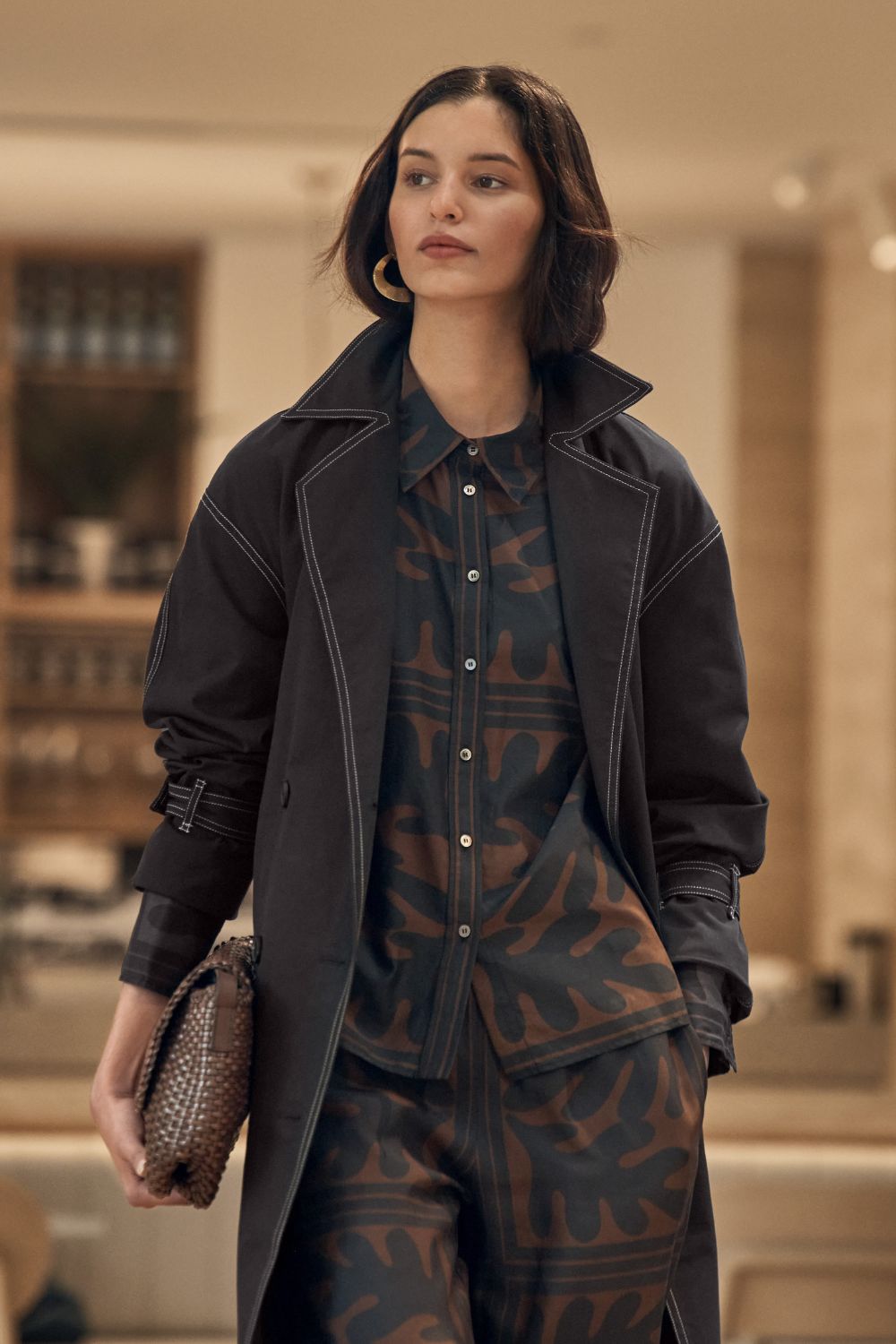 Agent Black Contrast Stitch Trench Coat-VibeCloset