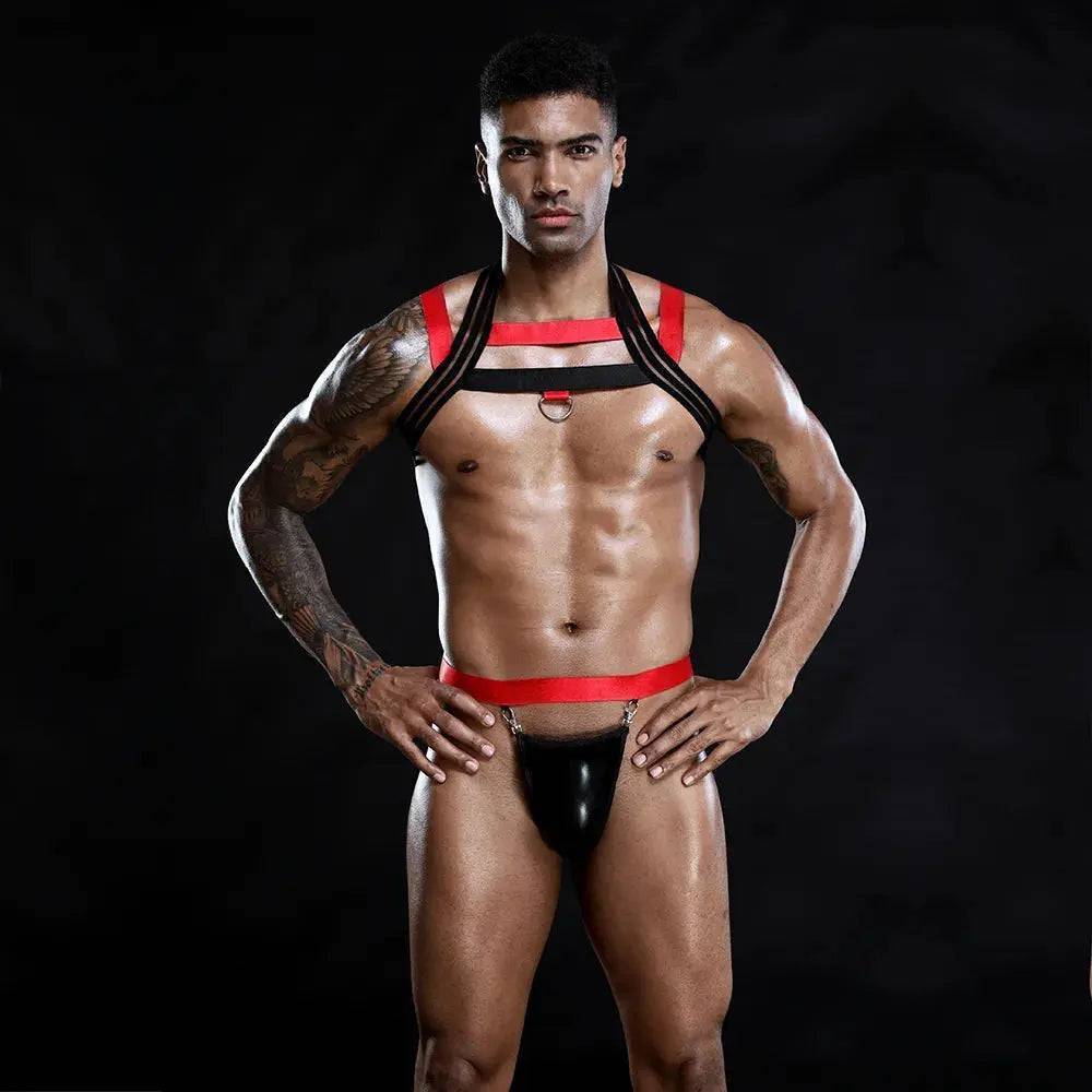 Men's Black&Red Strappy Harness&Thong-SexBodyShop