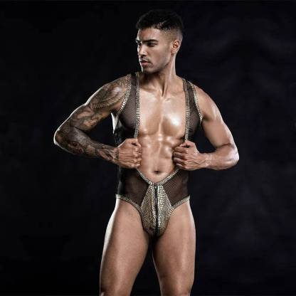 Men's Golden See Through Harness Sleeved Thong-SexBodyShop