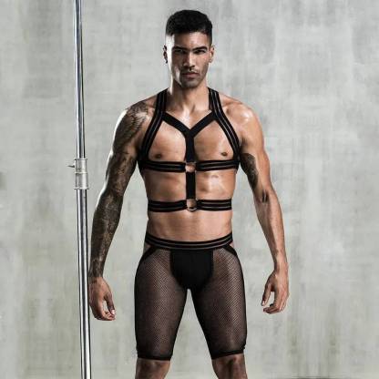Men's Black Strappy See Through  Harness&Short-SexBodyShop