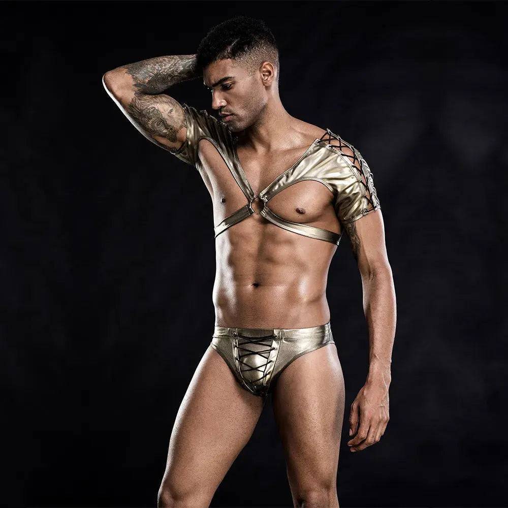 Men's Golden Strappy Harness&Briefs-SexBodyShop
