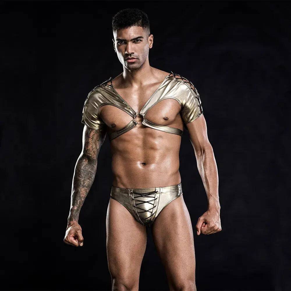 Men's Golden Strappy Harness&Briefs-SexBodyShop