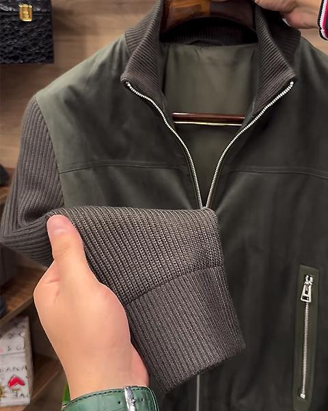 Stand Collar Double Zip Pockets Patchwork Jacket-VibeCloset