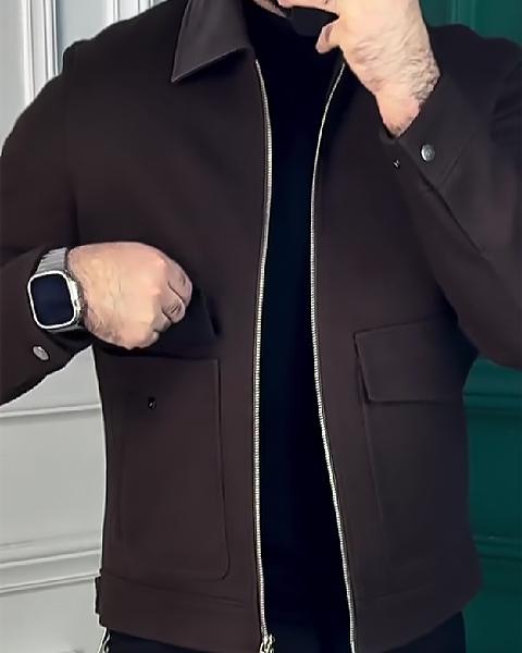 Leather Collar Double Pocket Jacket-VibeCloset