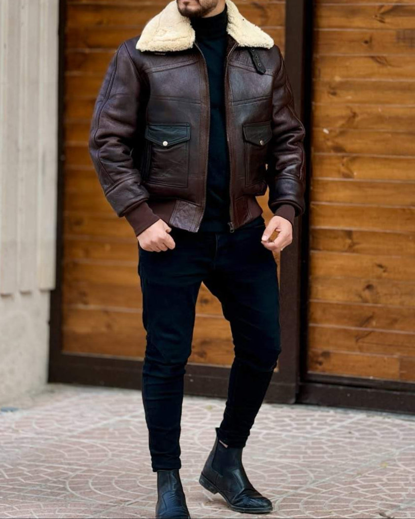 Distressed Leather Jacket With Plush Lapels-VibeCloset