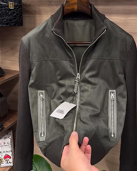 Stand Collar Double Zip Pockets Patchwork Jacket-VibeCloset