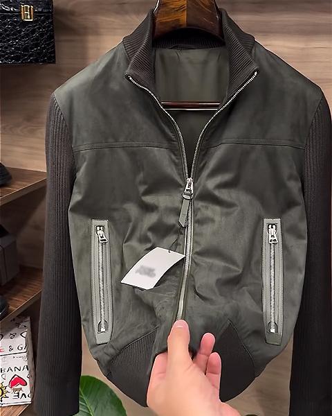 Stand Collar Double Zip Pockets Patchwork Jacket-VibeCloset