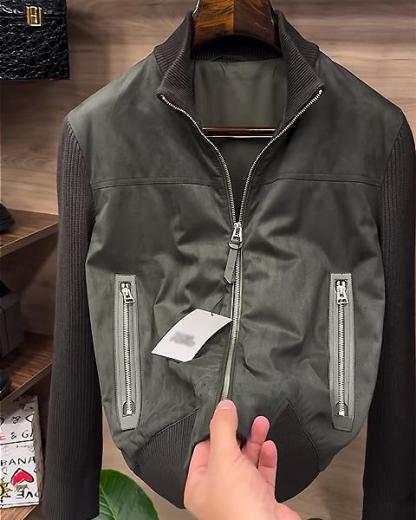 Stand Collar Double Zip Pockets Patchwork Jacket-VibeCloset