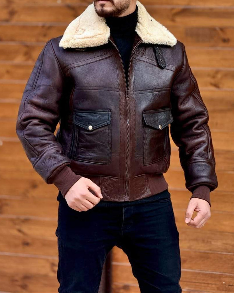 Distressed Leather Jacket With Plush Lapels-VibeCloset