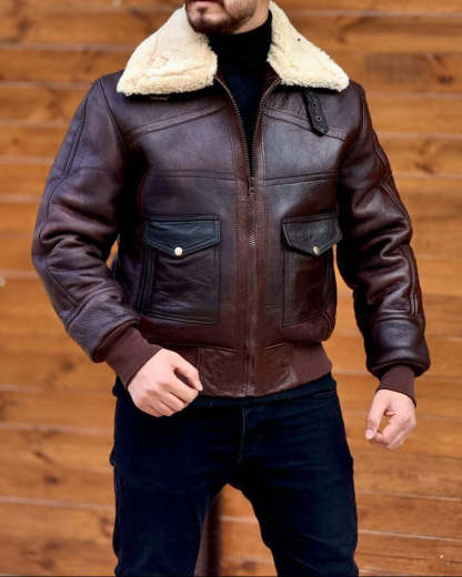 Distressed Leather Jacket With Plush Lapels-VibeCloset