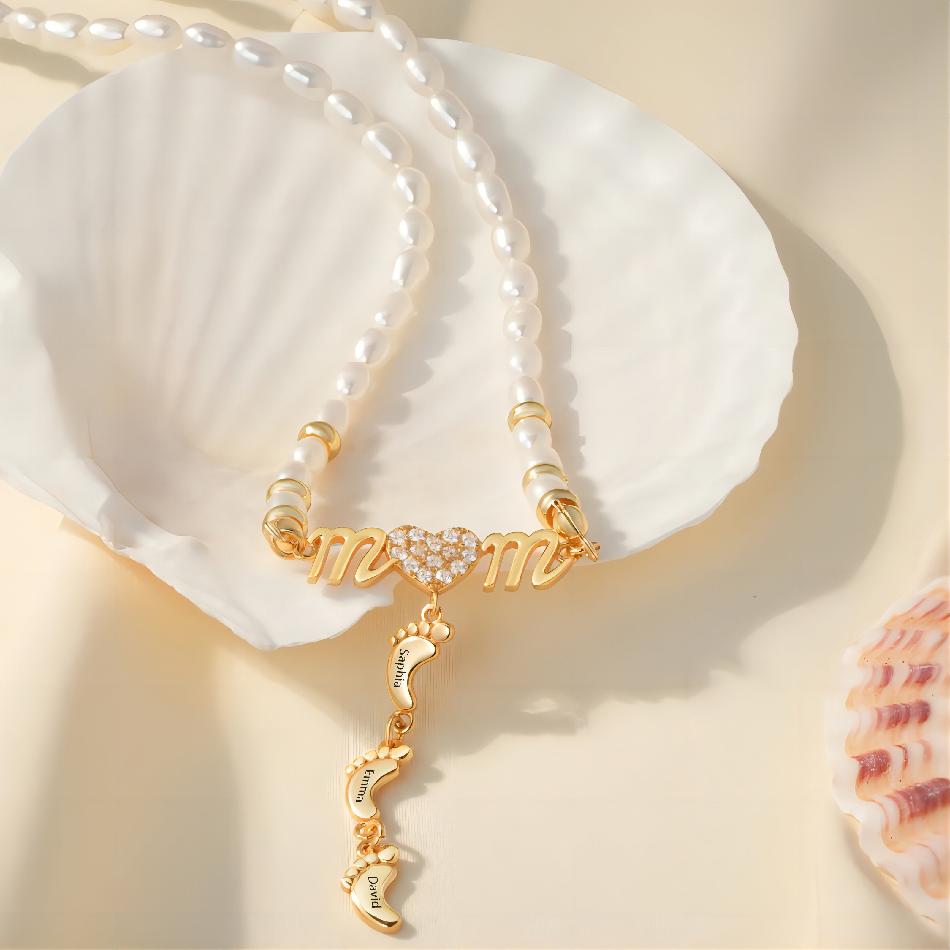 Natural Freshwater Rice Beads Personalized Mom Necklace with Baby Foot Pendant-VibeCloset