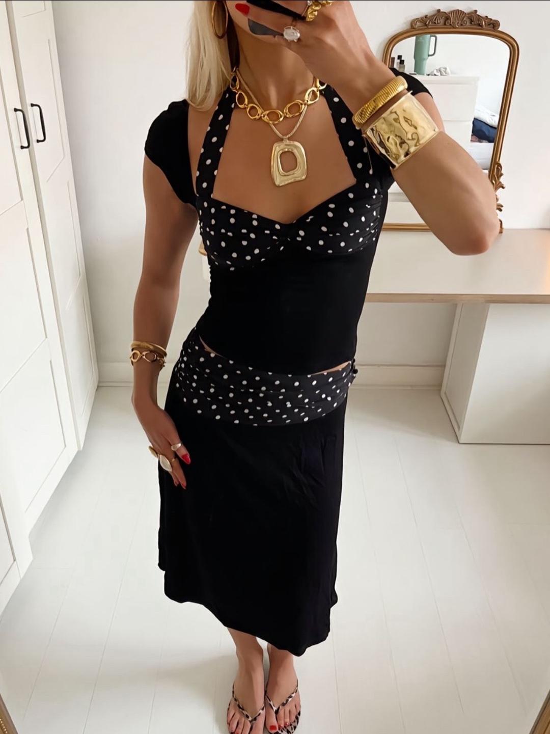 Halter Neck Polka Dot Top + Spliced ​​Skirt Set