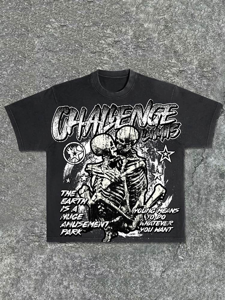 Hellxcity Men's Hugging Skeleton Graphic Washed T-Shirt | HellxCity 