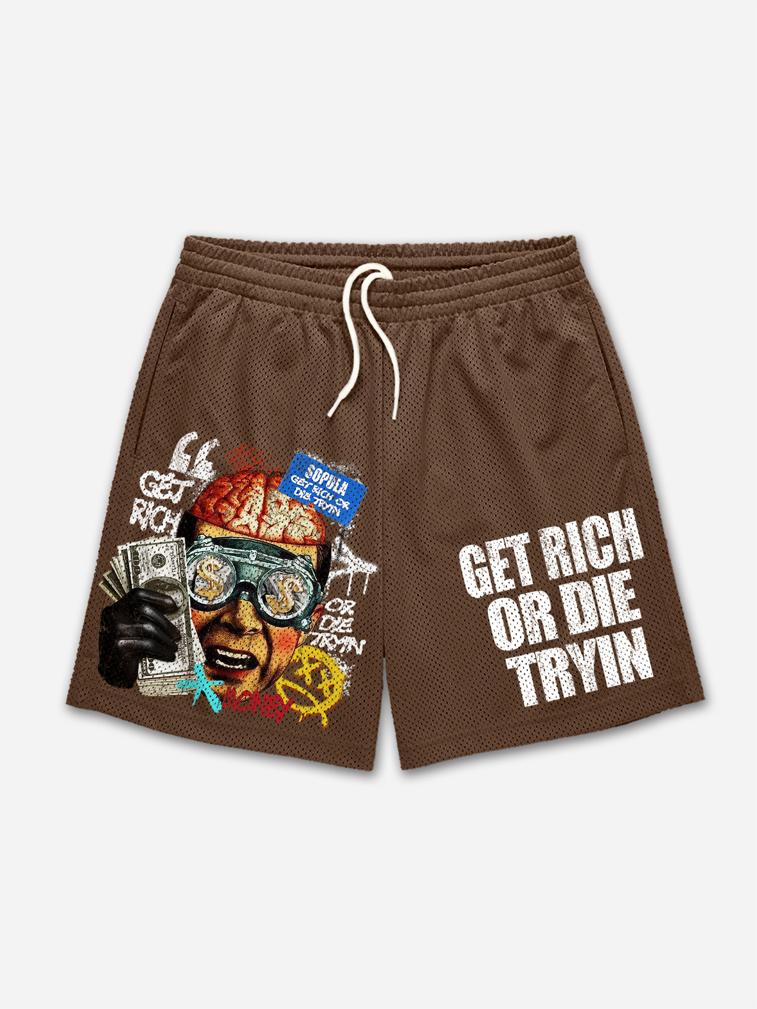 Vintage Get Rich Money Portrait Print Mesh Shorts | HellxCity 