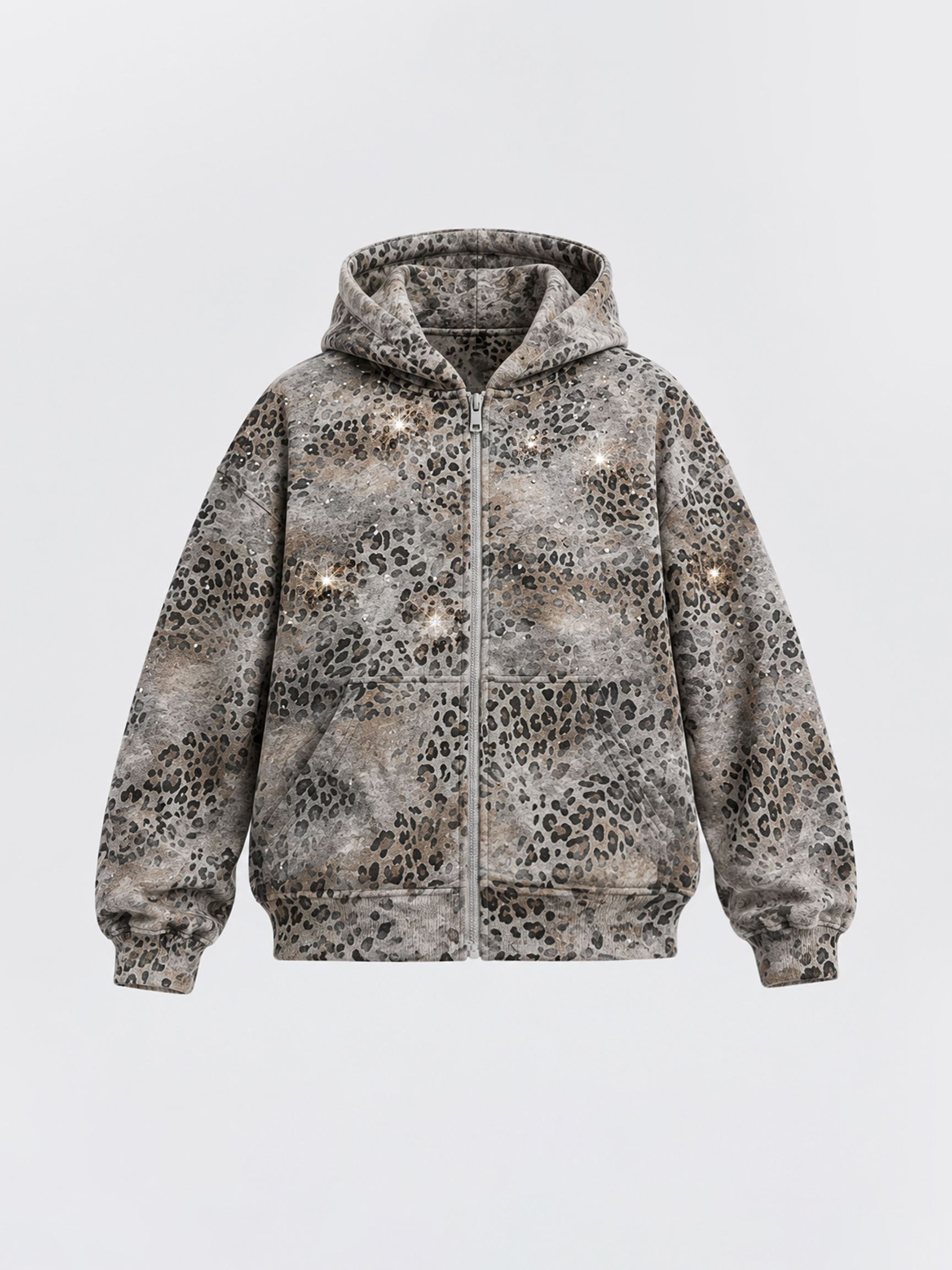 Retro Rhinestone Leopard Print Zip-up Hoodie