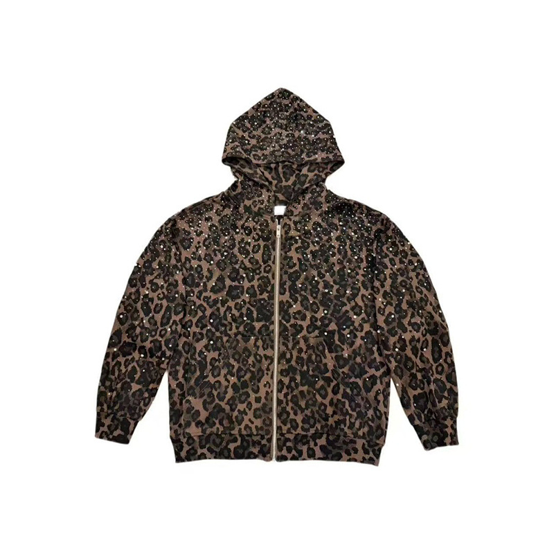 Retro Rhinestone Leopard Print Zip-up Hoodie